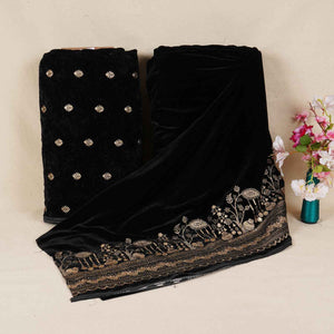 Black Border Work Cutdana Velvet 9000 Fabric SC-28252 - TradeUNO