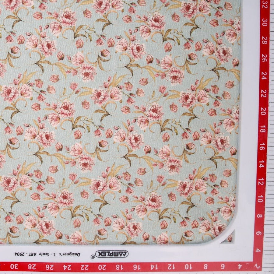 Light Blue & Peach Floral Print Polyester Cotton Fabric Trade UNO