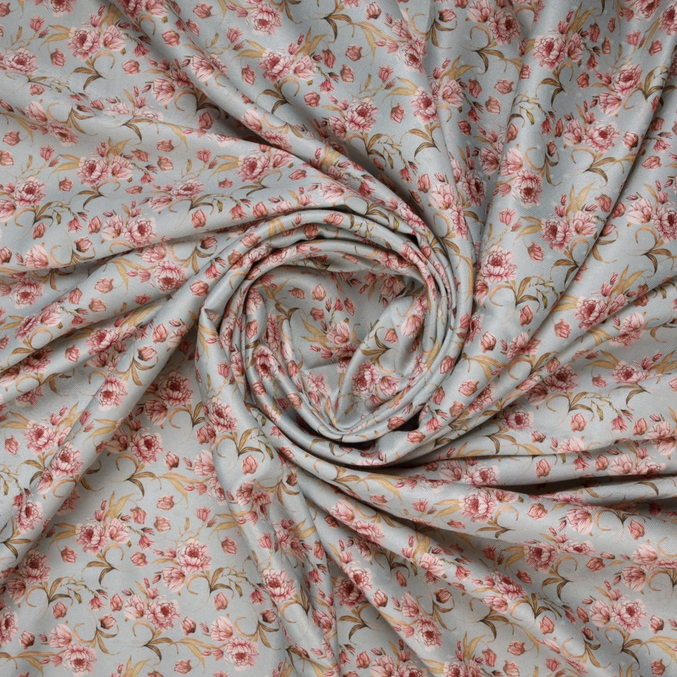Light Blue & Peach Floral Print Polyester Cotton Fabric Trade UNO
