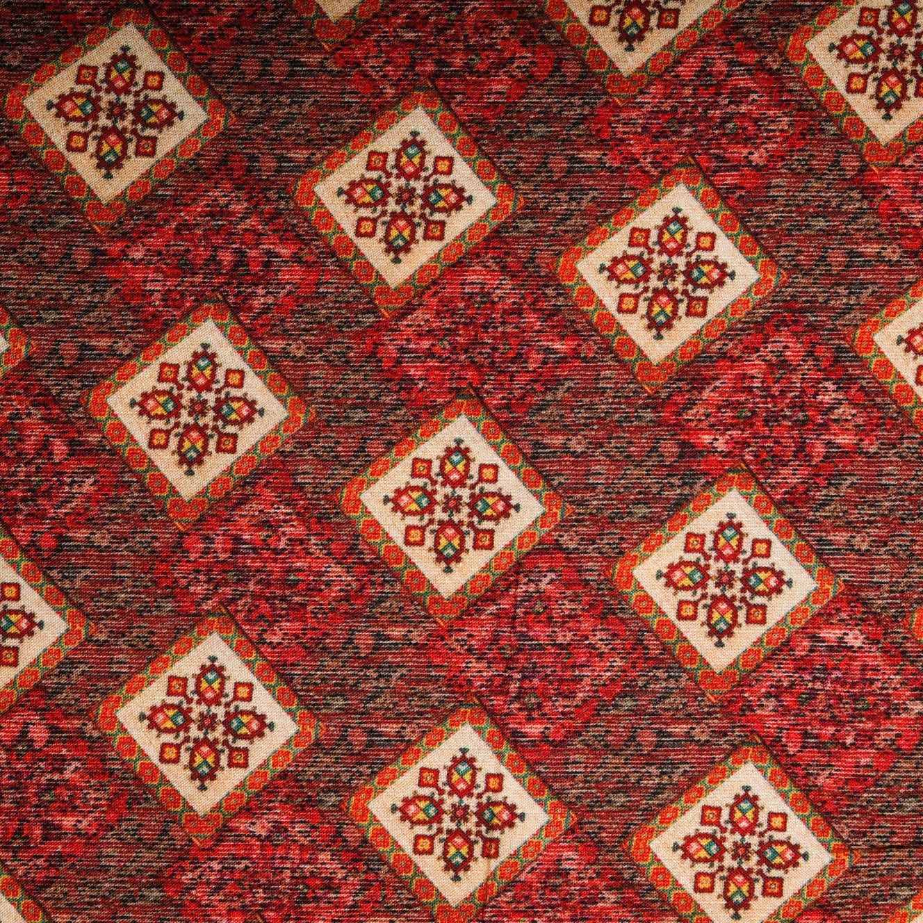 Brick Red Geometrical Traditional Print Rayon Fabric Trade UNO