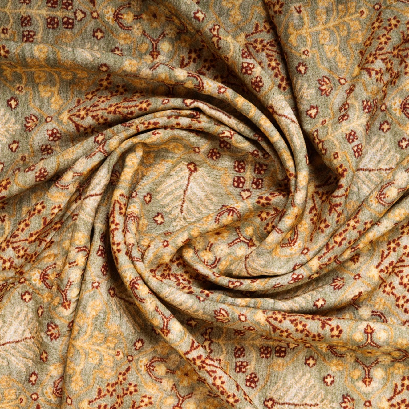 Cream & Green Mughal Print Rayon Fabric Plain Weave 44 Inches
