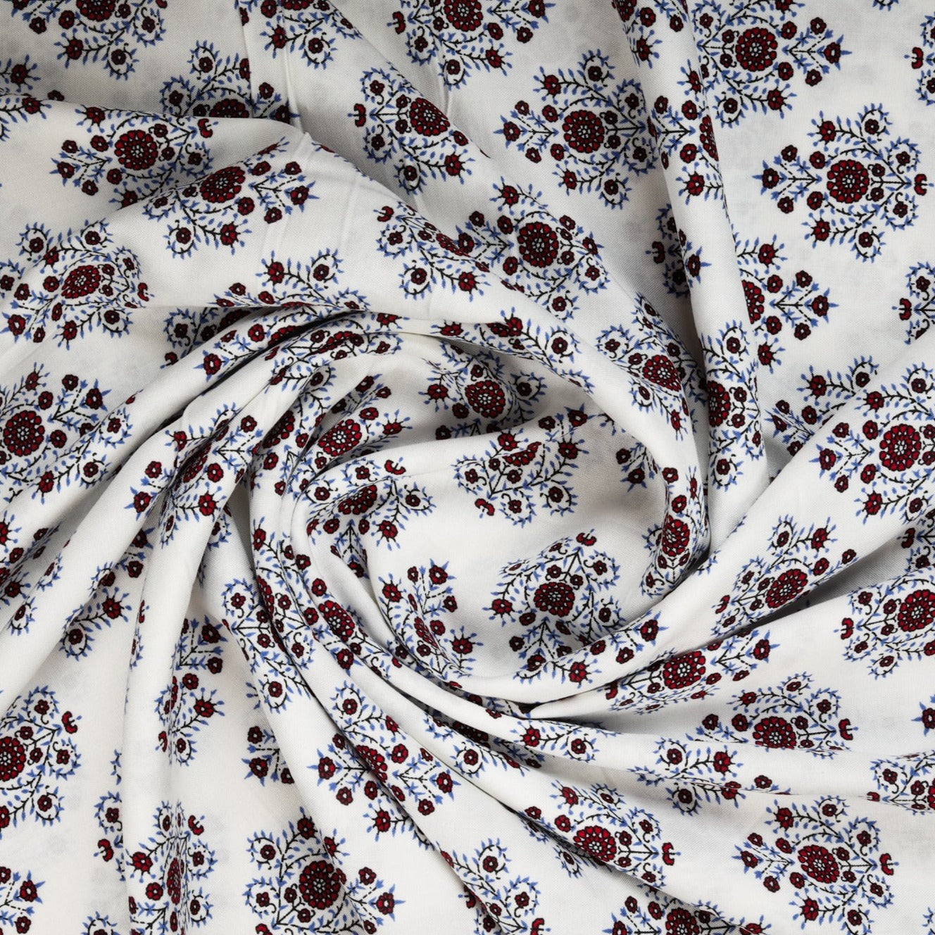 White With Maroon Traditional Motif Print Rayon Fabric Trade UNO
