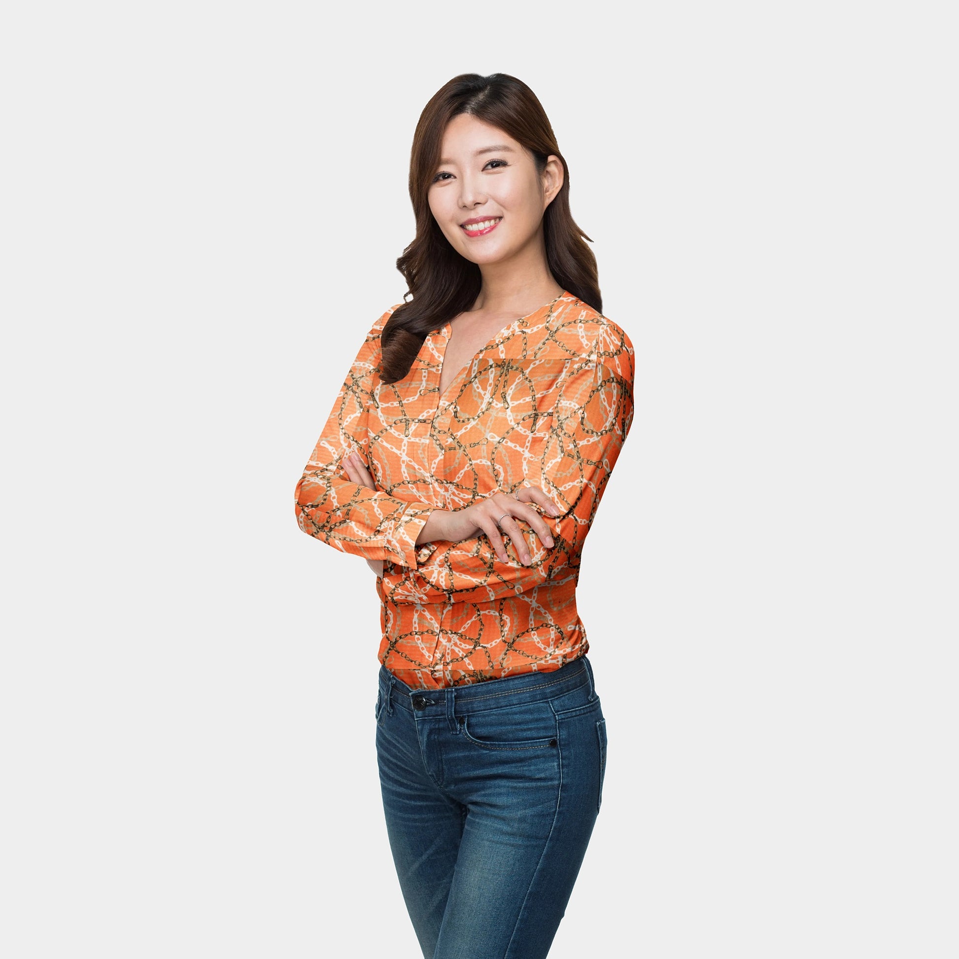 Orange Chain Digital Print Poly Crepe Fabric Trade UNO