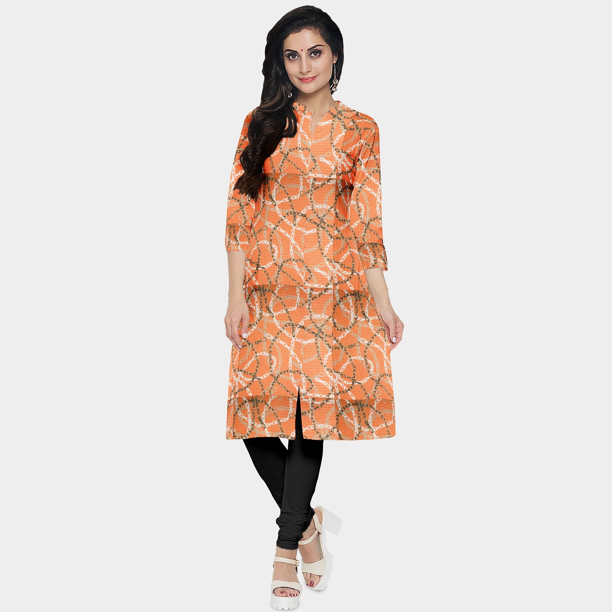 Orange Chain Digital Print Poly Crepe Fabric Trade UNO
