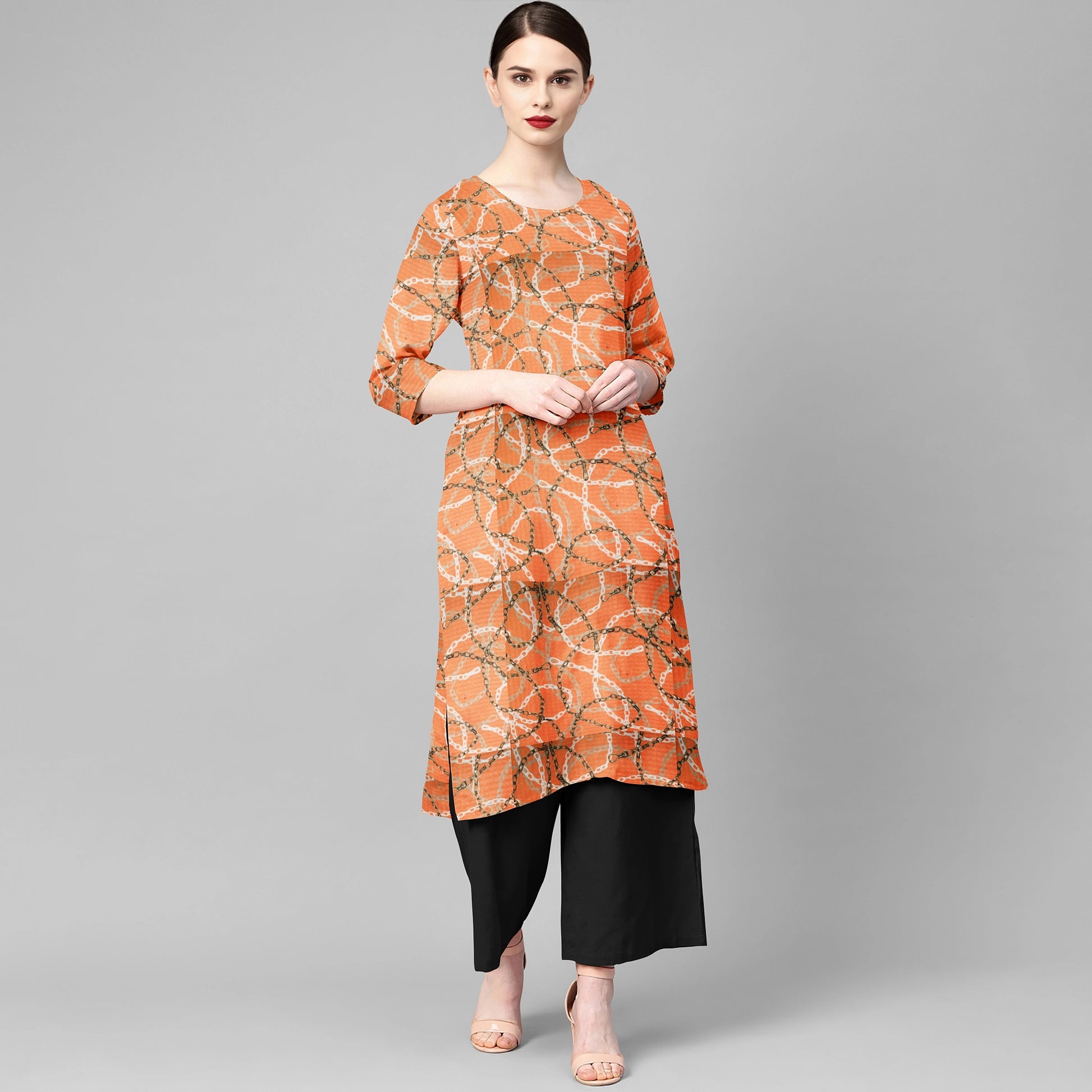 Orange Chain Digital Print Poly Crepe Fabric Trade UNO