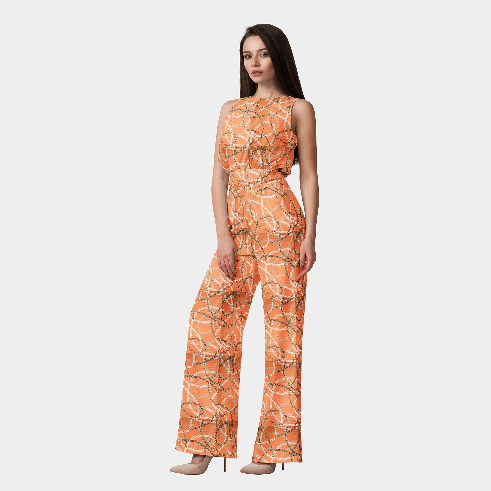 Orange Chain Digital Print Poly Crepe Fabric Trade UNO