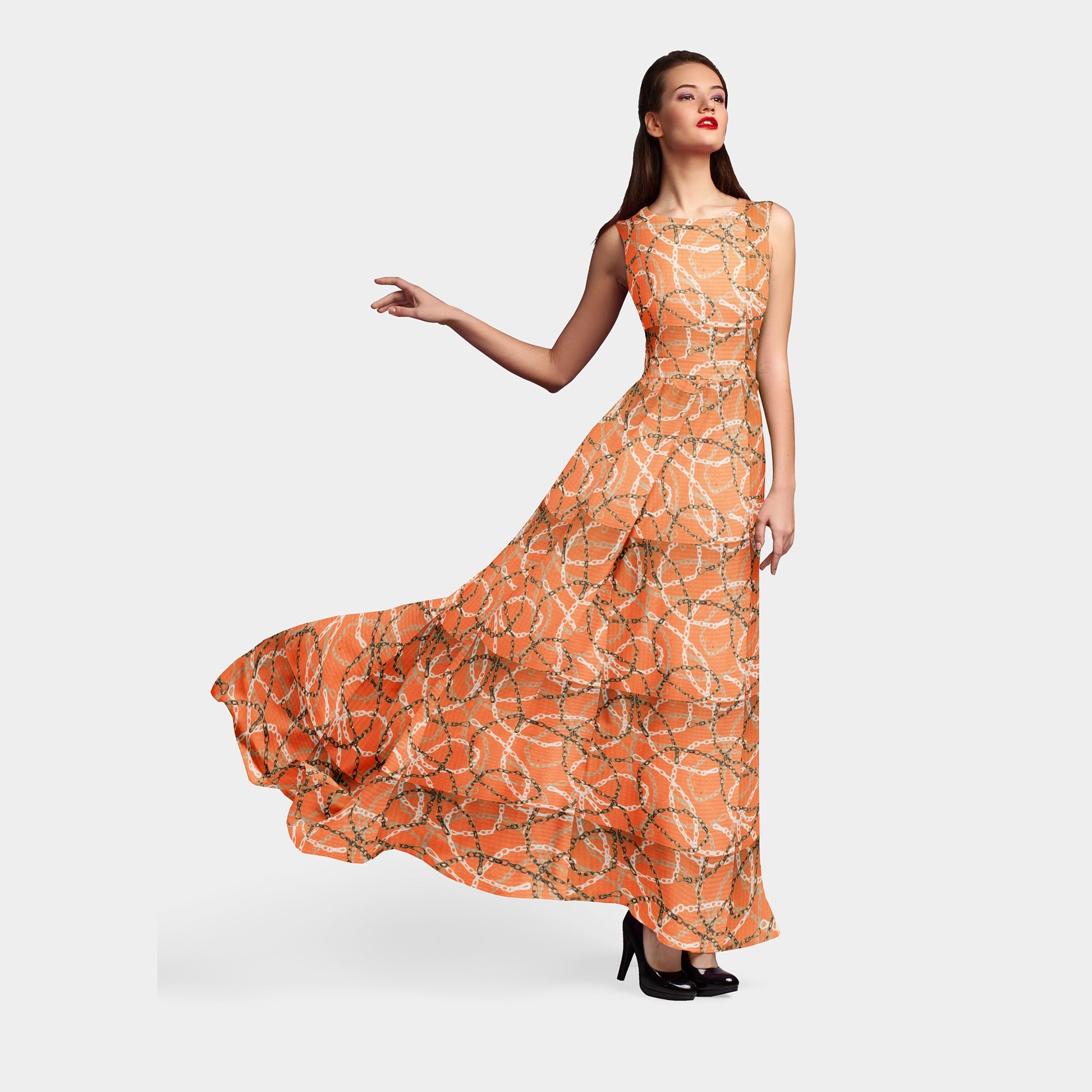 Orange Chain Digital Print Poly Crepe Fabric Trade UNO