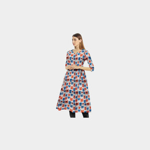 Red Blue Quirky Print Chinnon Chiffon Fabric