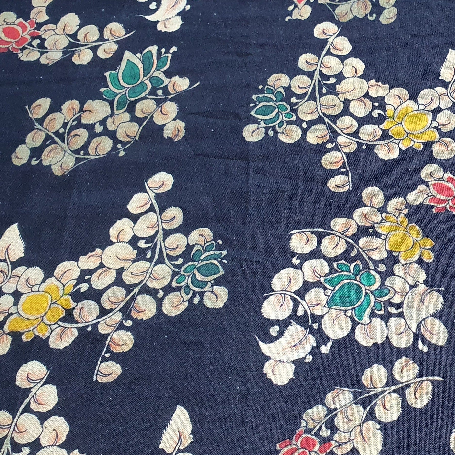 Navy Blue Floral Print Cotton Linen Fabric Trade UNO