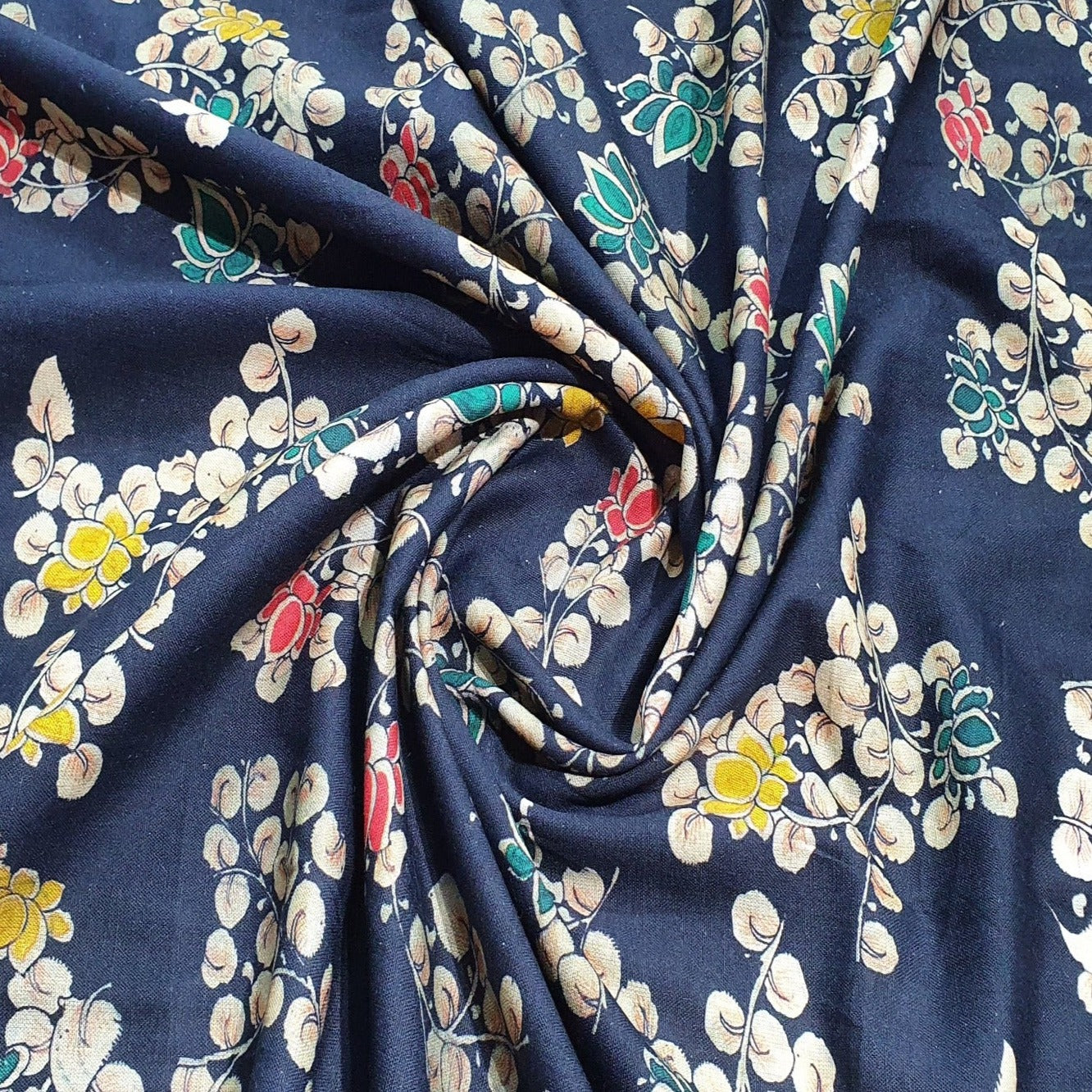 Navy Blue Floral Print Cotton Linen Fabric Trade UNO