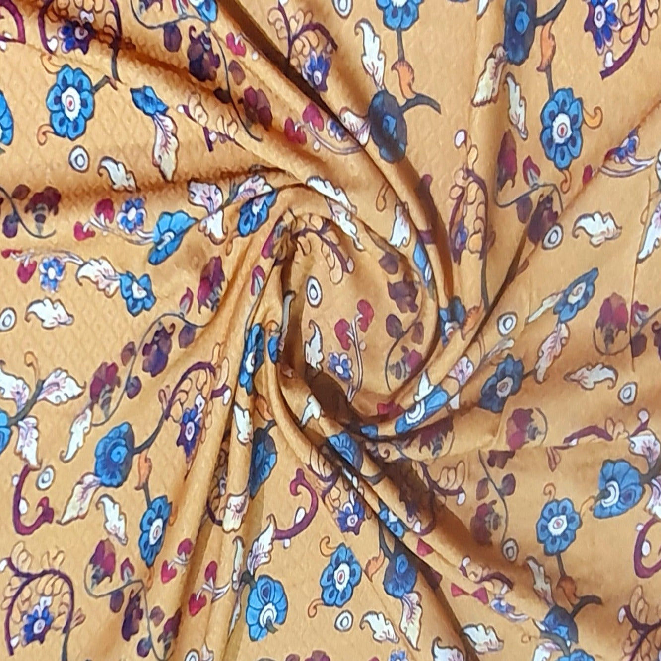 Brown Floral Madhubani Print Viscose Dobby Fabric Trade UNO