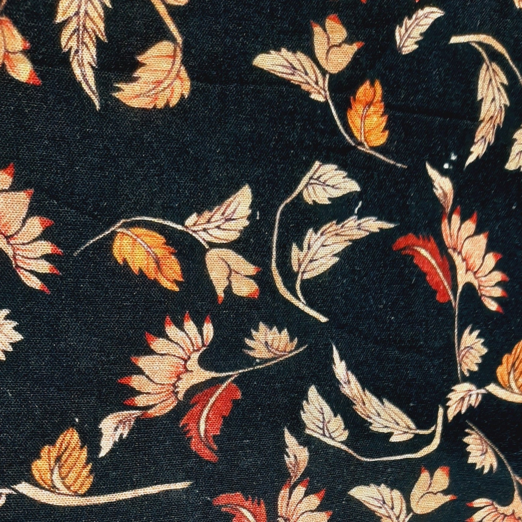Black Leaf Print Cotton Linen Fabric Trade UNO