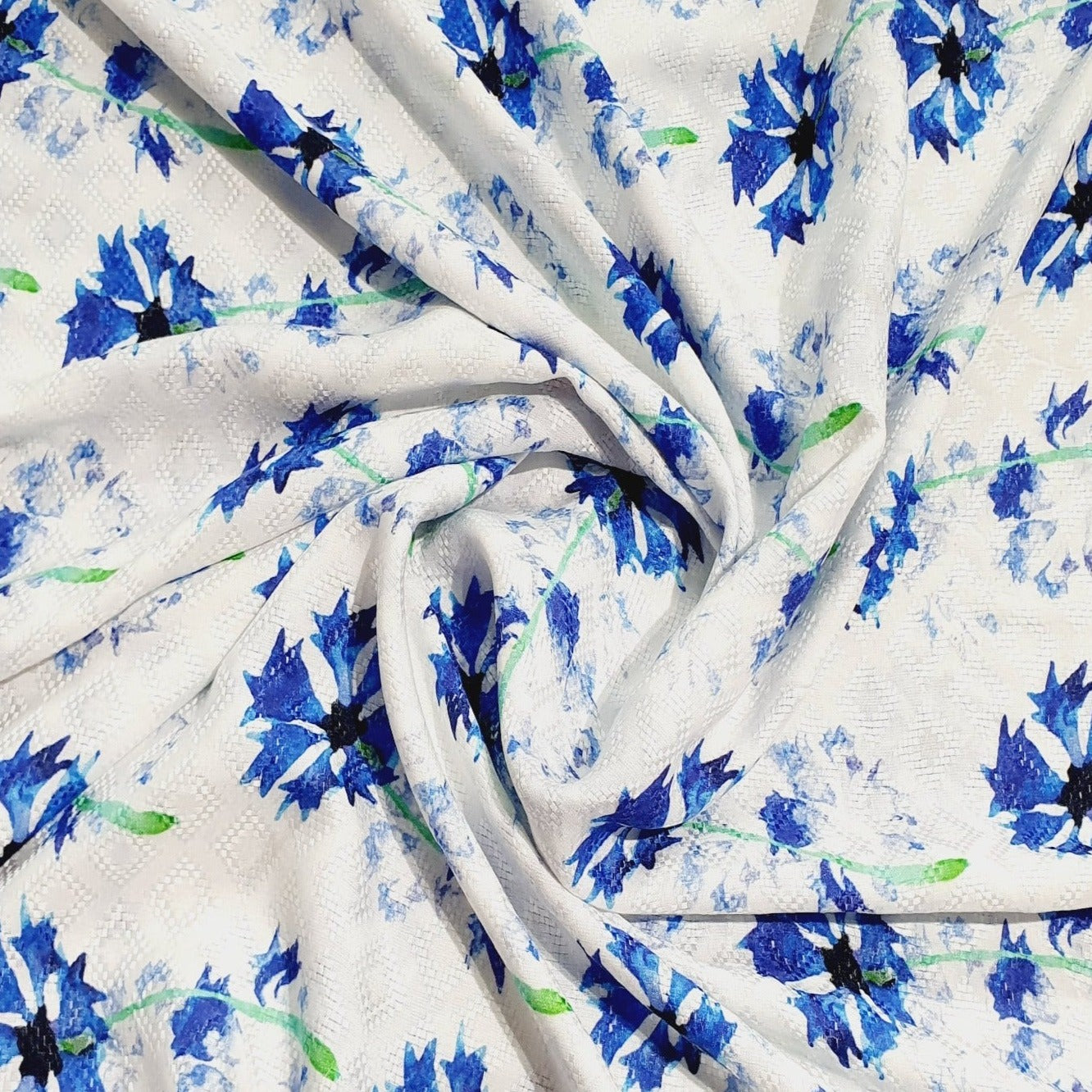 White & Blue Floral Print Viscose Fabric Trade UNO