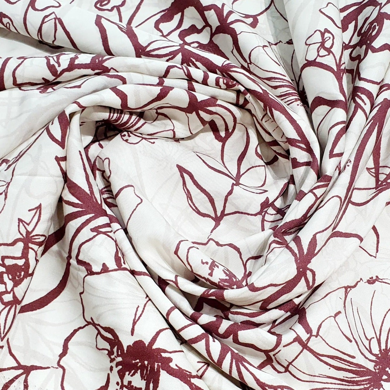 White _ Brown Floral Print Viscose Fabric Trade UNO