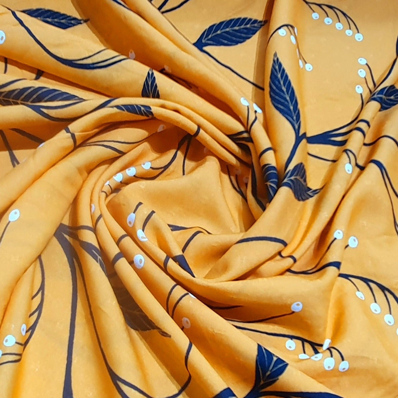 Mustard Yellow Leaf Print Cotton Linen Fabric Trade UNO