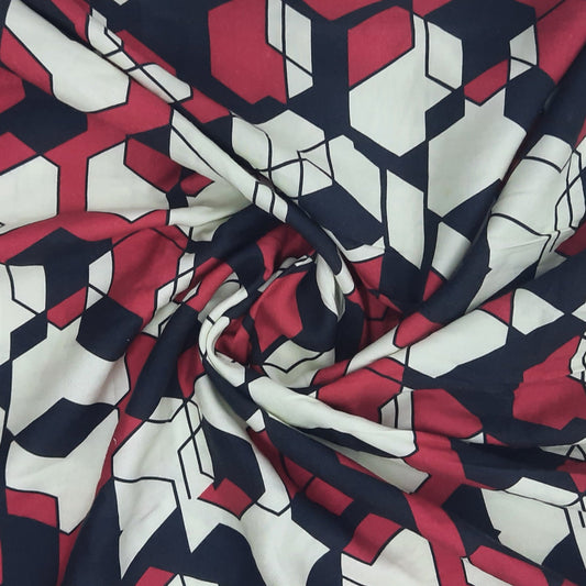 White & Maroon & Black Geometrical Print Twill Fabric Trade UNO