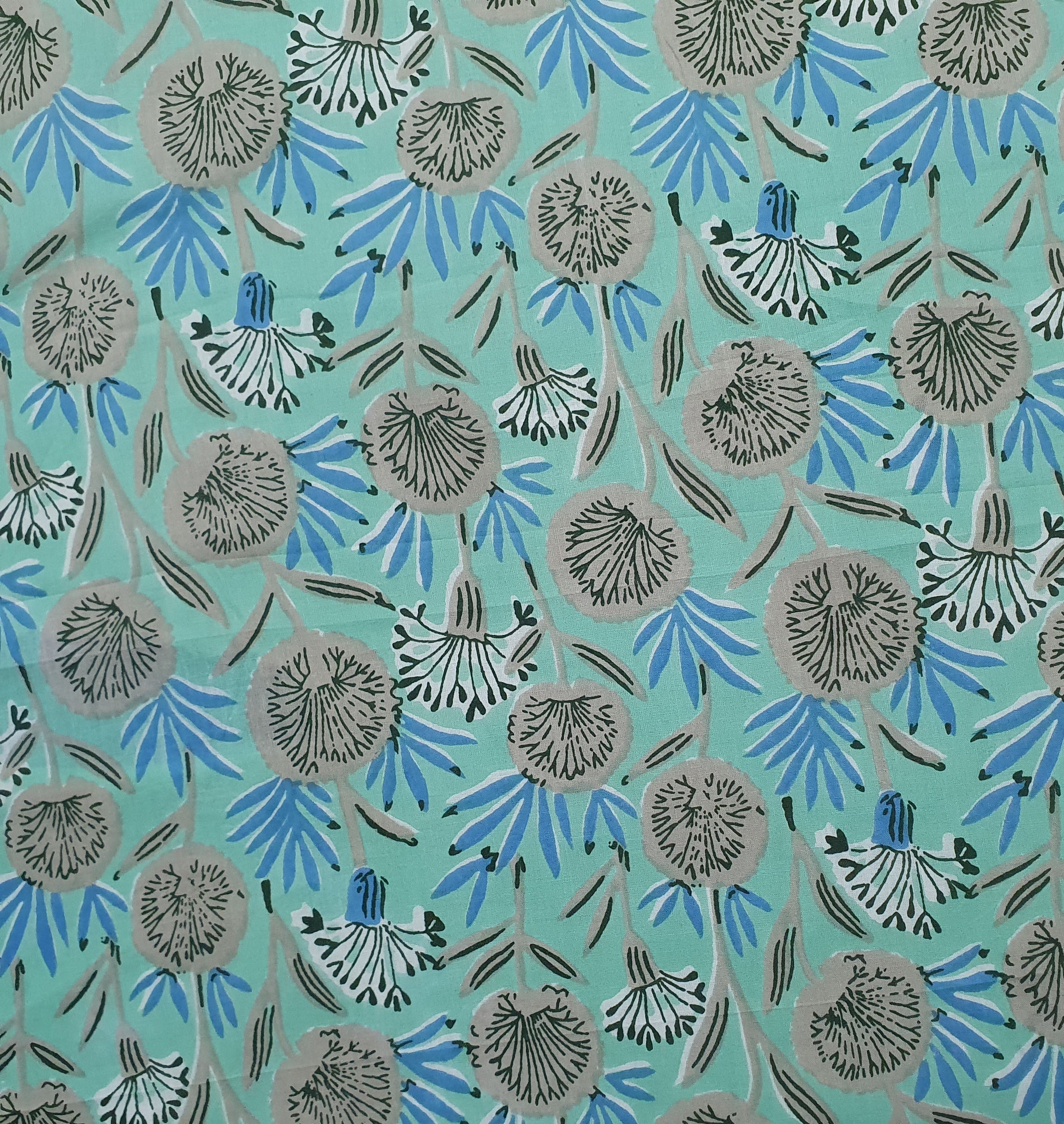 Sea Green & Grey Floral Print Cotton Fabric Trade UNO