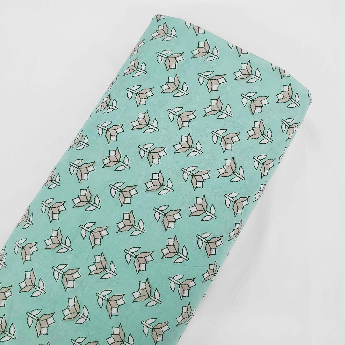 Sea Green Handblock Floral Print Cotton Fabric