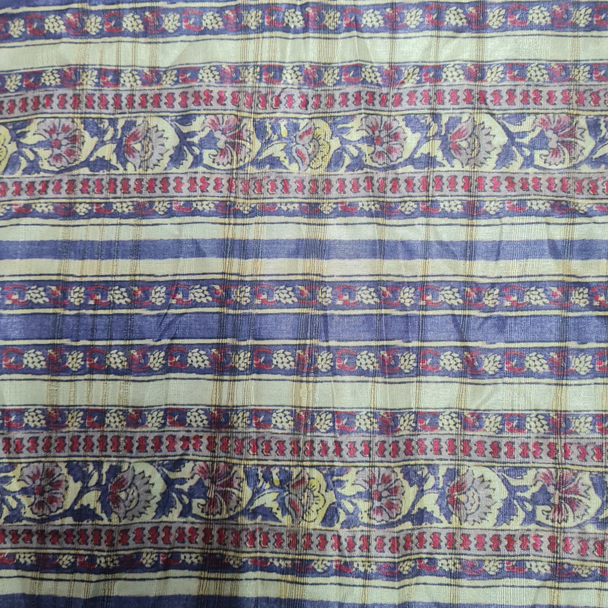 Cream With Blue Traditional Floral Print Dobby Tusser Silk Fabric - TradeUNO
