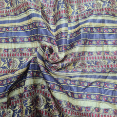 Cream With Blue Traditional Floral Print Dobby Tusser Silk Fabric - TradeUNO