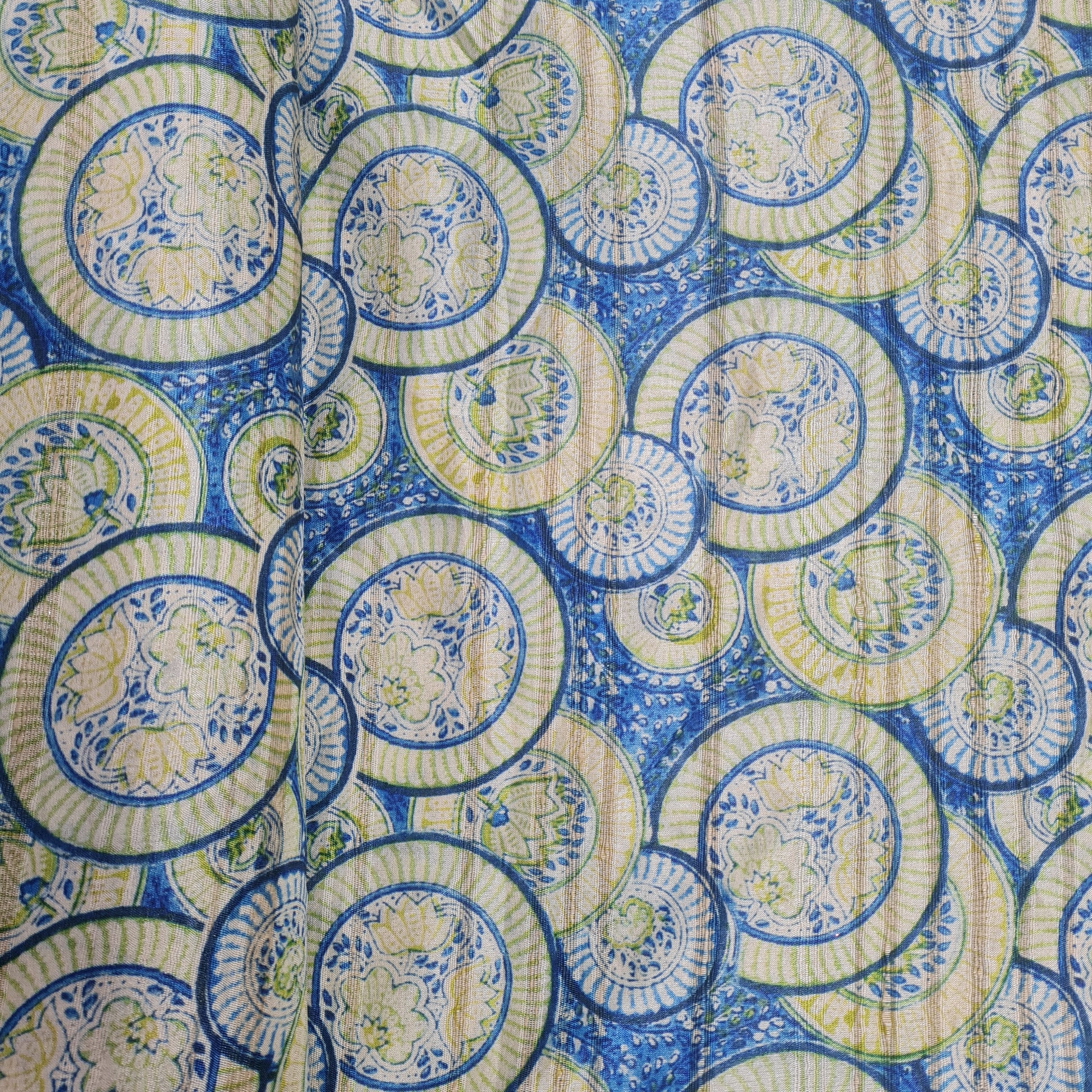 Blue With Yellow Geometrical Dobbysser Silk Fabric - TradeUNO