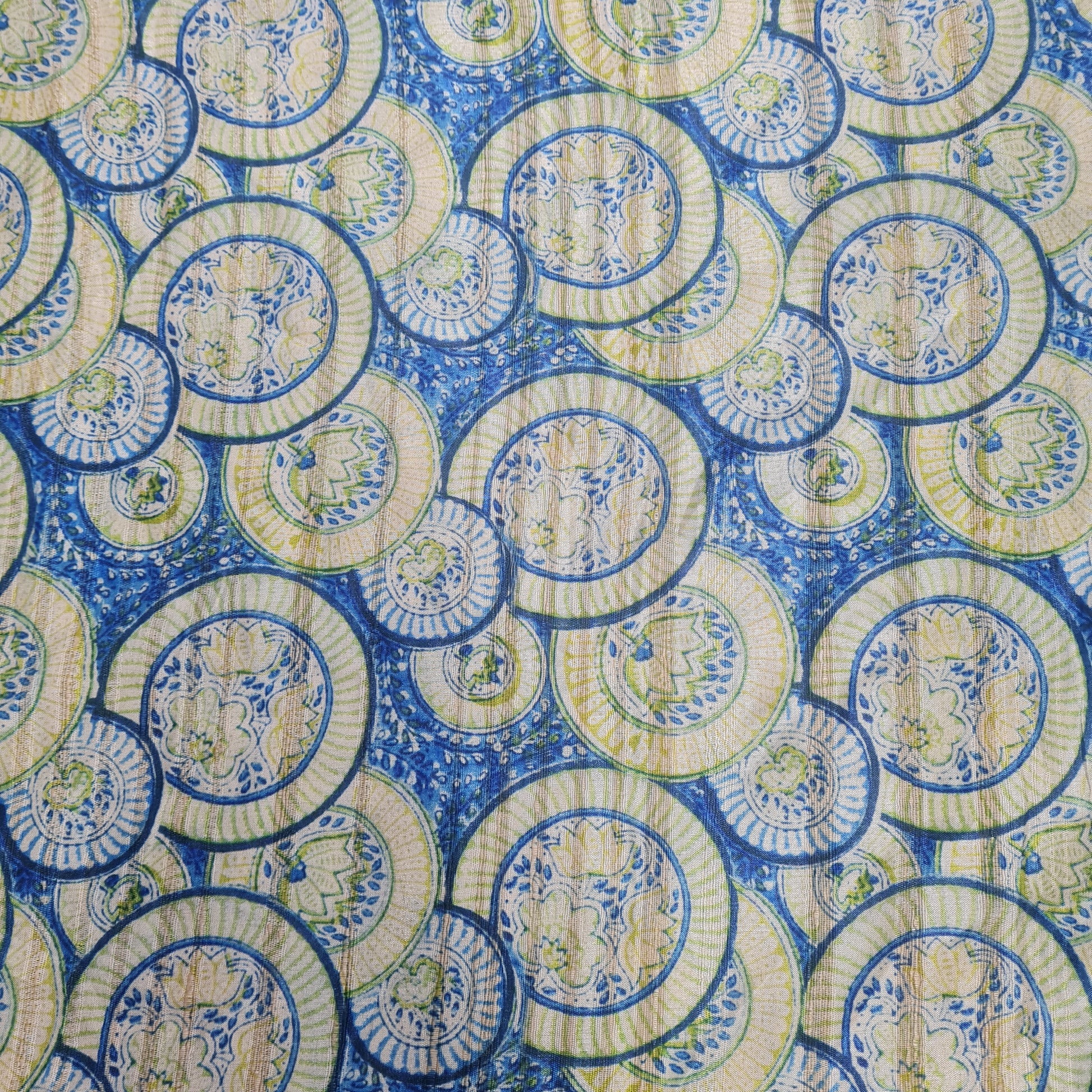 Blue With Yellow Geometrical Dobbysser Silk Fabric - TradeUNO