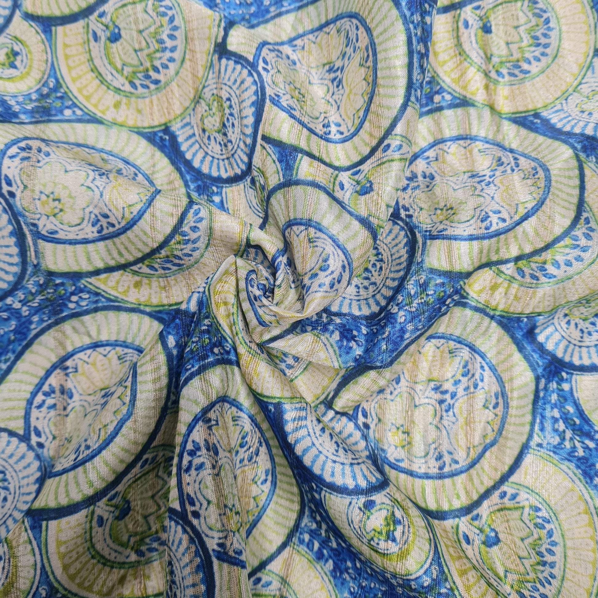 Blue With Yellow Geometrical Dobbysser Silk Fabric - TradeUNO