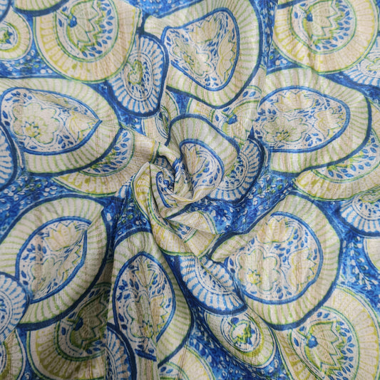 Blue With Yellow Geometrical Dobby Tusser Silk Fabric