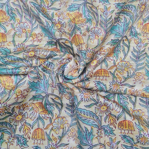 Cream With Yellow Floral Print Dobby Tusser Silk Fabric - TradeUNO