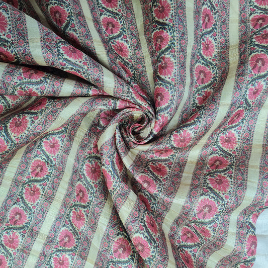 Brown With Cream Traditional Floral Print Dobby Tusser Silk Fabric
