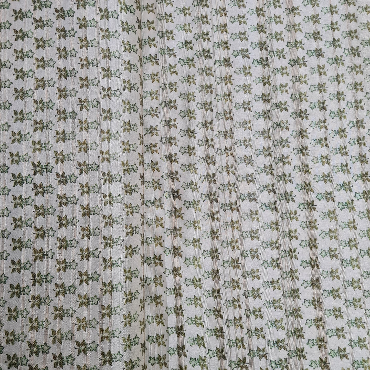 Cream With Green Floral Print Dobby Tusser Silk Fabric - TradeUNO