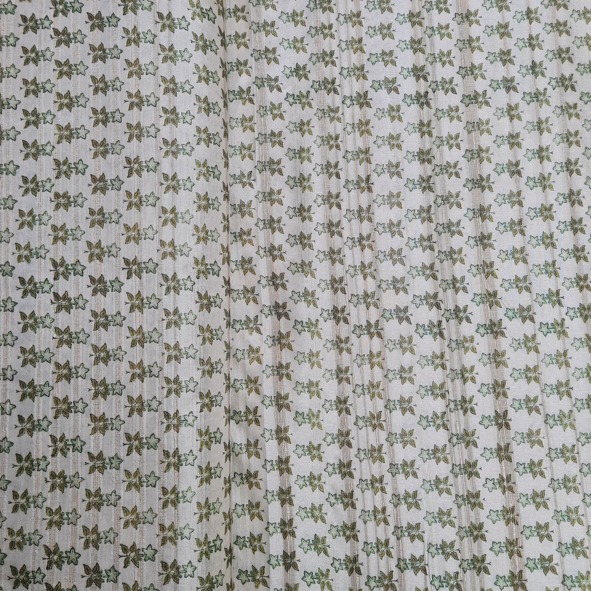 Cream With Green Floral Print Dobby Tusser Silk Fabric - TradeUNO