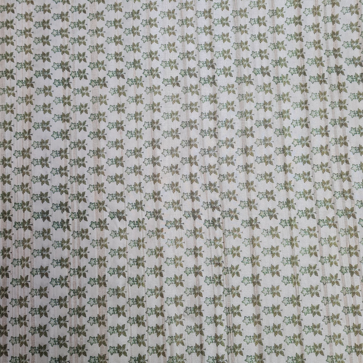 Cream With Green Floral Print Dobby Tusser Silk Fabric - TradeUNO