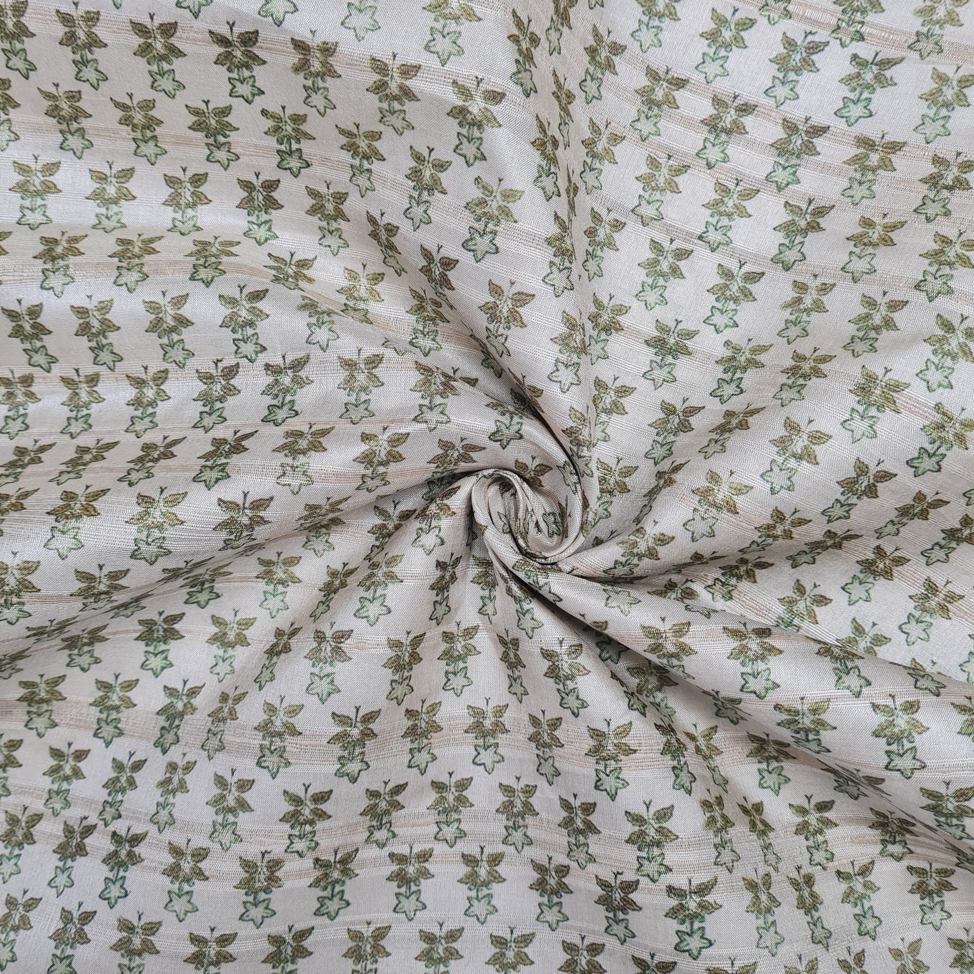 Cream With Green Floral Print Dobby Tusser Silk Fabric - TradeUNO