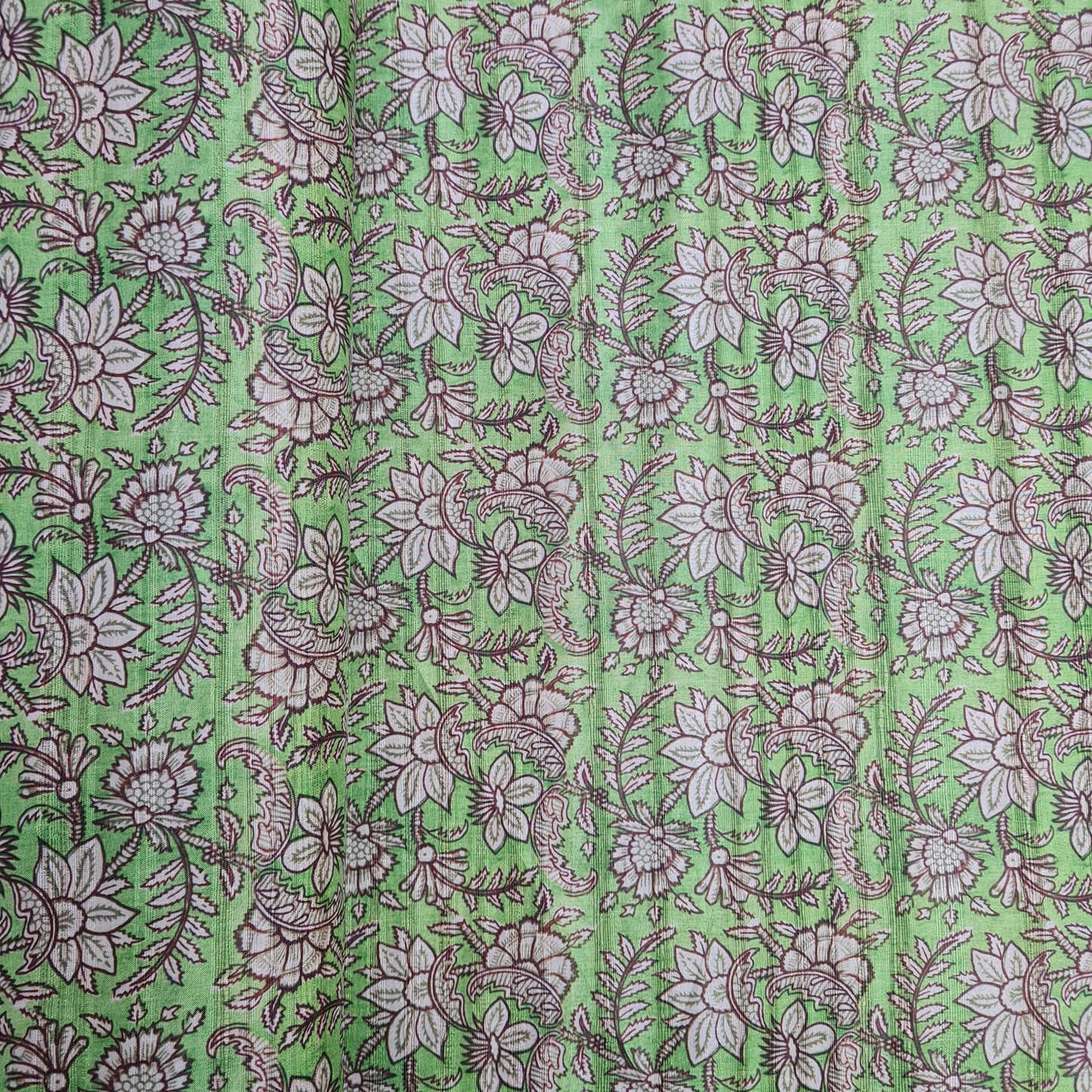 Green With Cream Floral Print Dobby Tusser Silk Fabric - TradeUNO