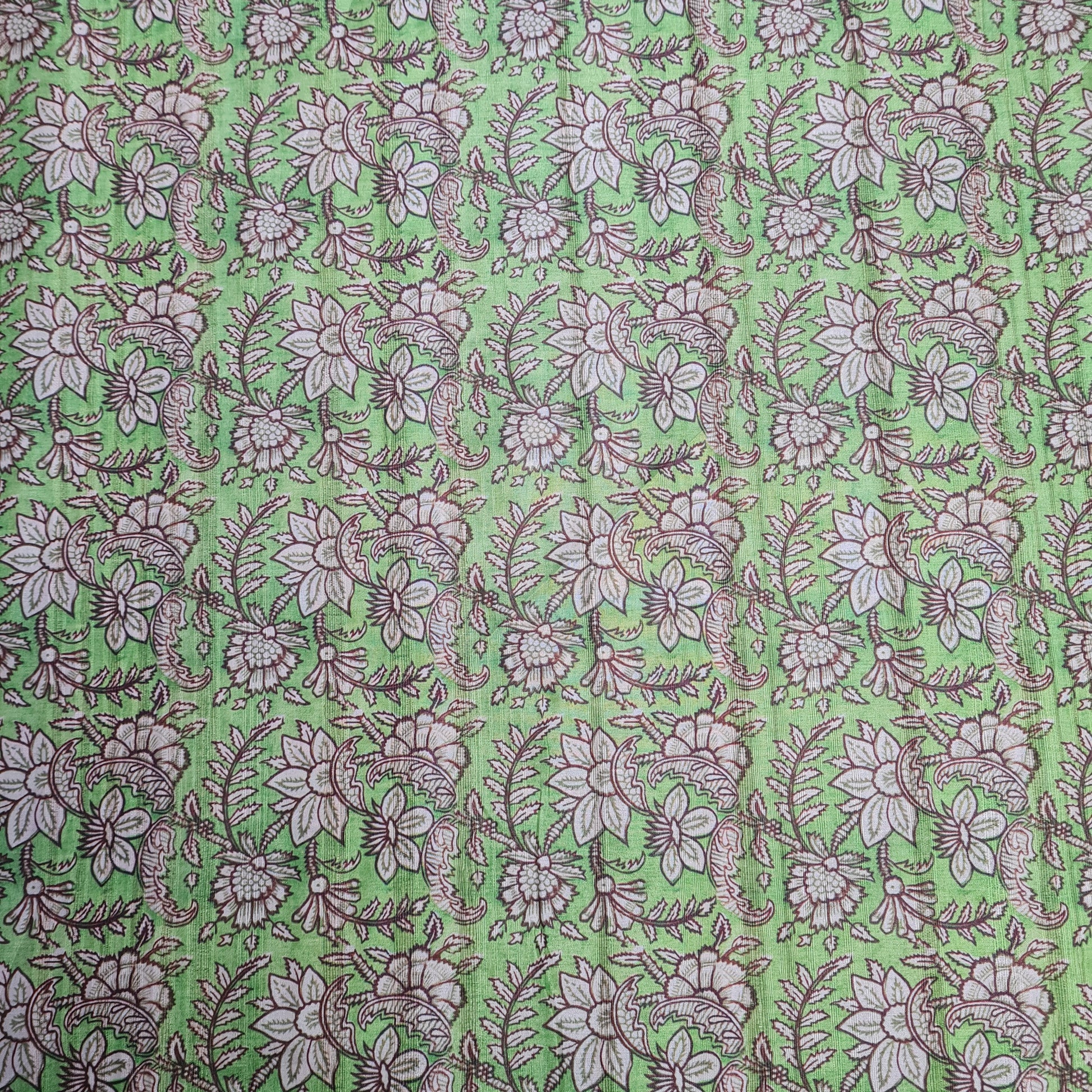 Green With Cream Floral Print Dobby Tusser Silk Fabric - TradeUNO