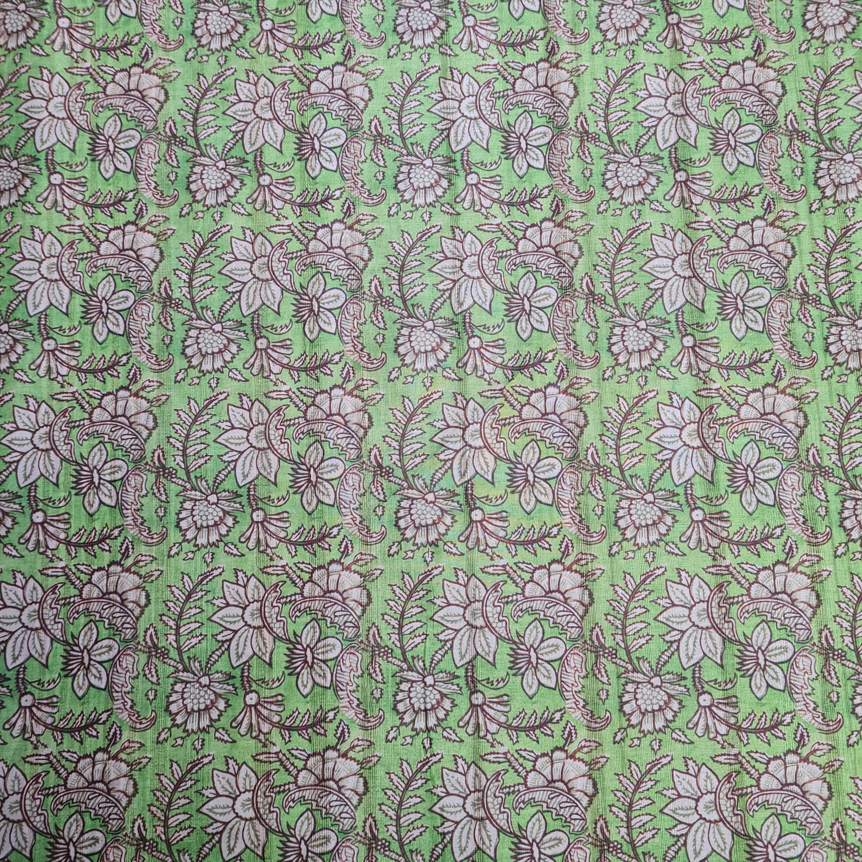 Green With Cream Floral Print Dobby Tusser Silk Fabric - TradeUNO