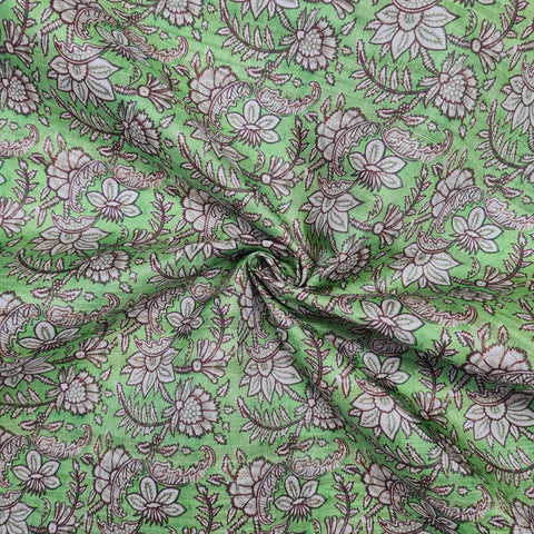 Green With Cream Floral Print Dobby Tusser Silk Fabric - TradeUNO