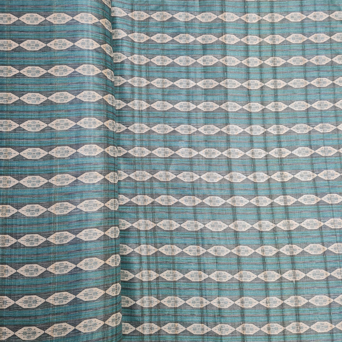 Teal Green Geometrical Print Dobbysser Silk Fabric - TradeUNO