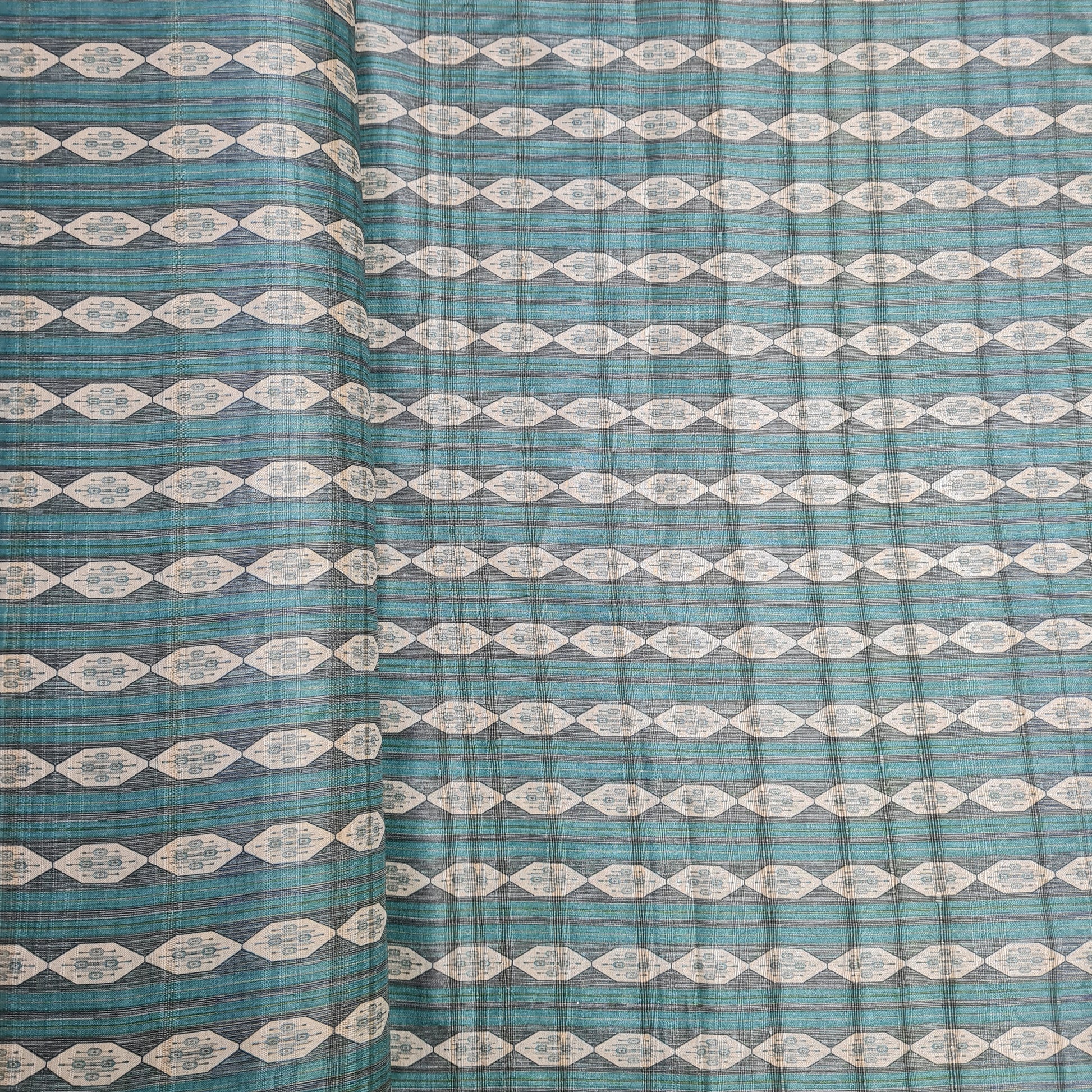 Teal Green Geometrical Print Dobbysser Silk Fabric - TradeUNO