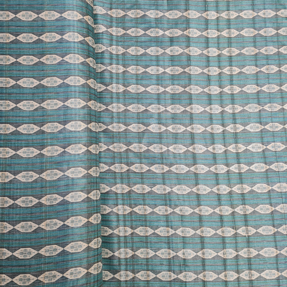 Teal Green Geometrical Print Dobbysser Silk Fabric - TradeUNO