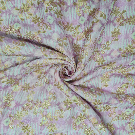 Pink Geomaterical Print Gold Zari Dola Silk Jacquard Fabric