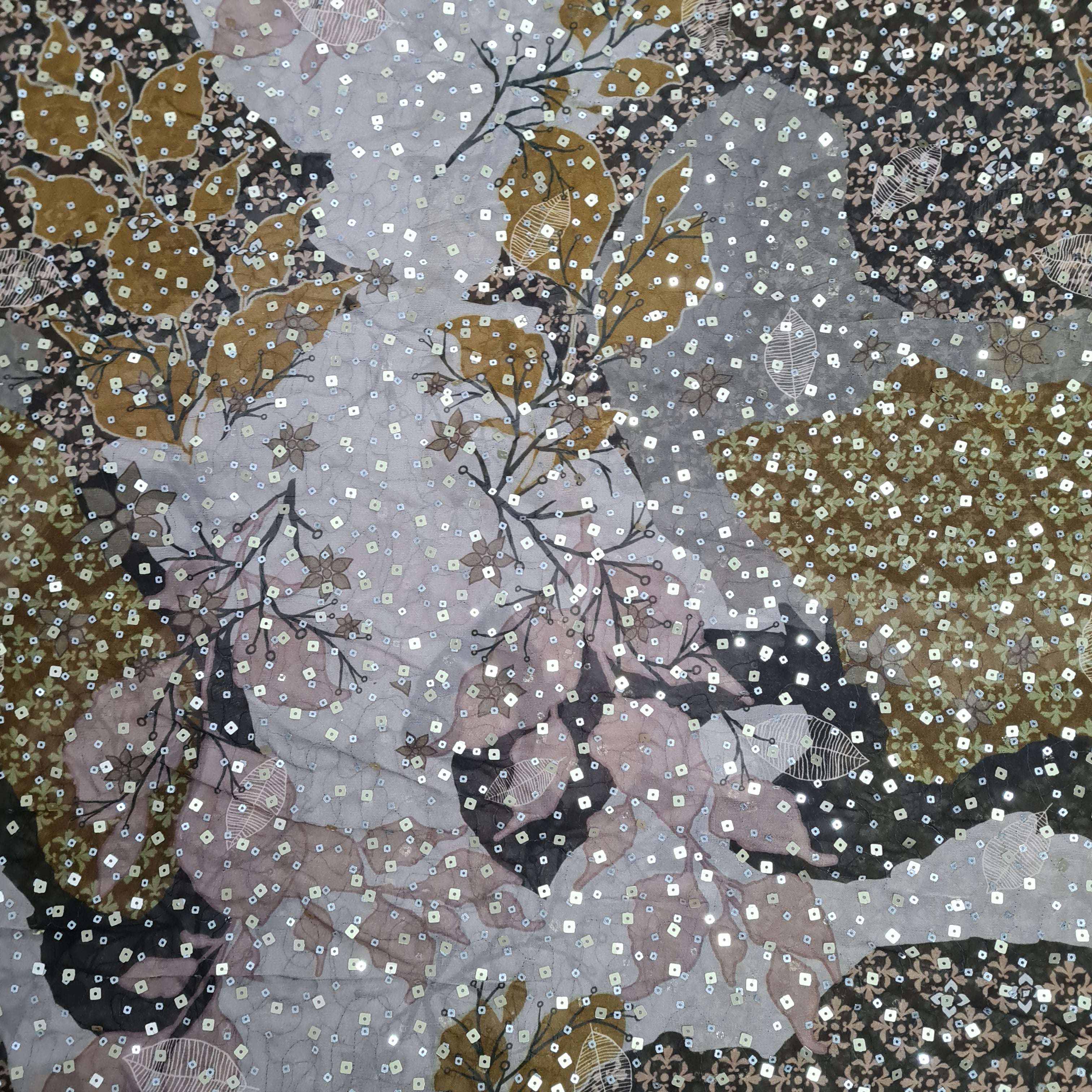 Brown Floral Digital Print & Sequence Georgette Fabric - TradeUNO