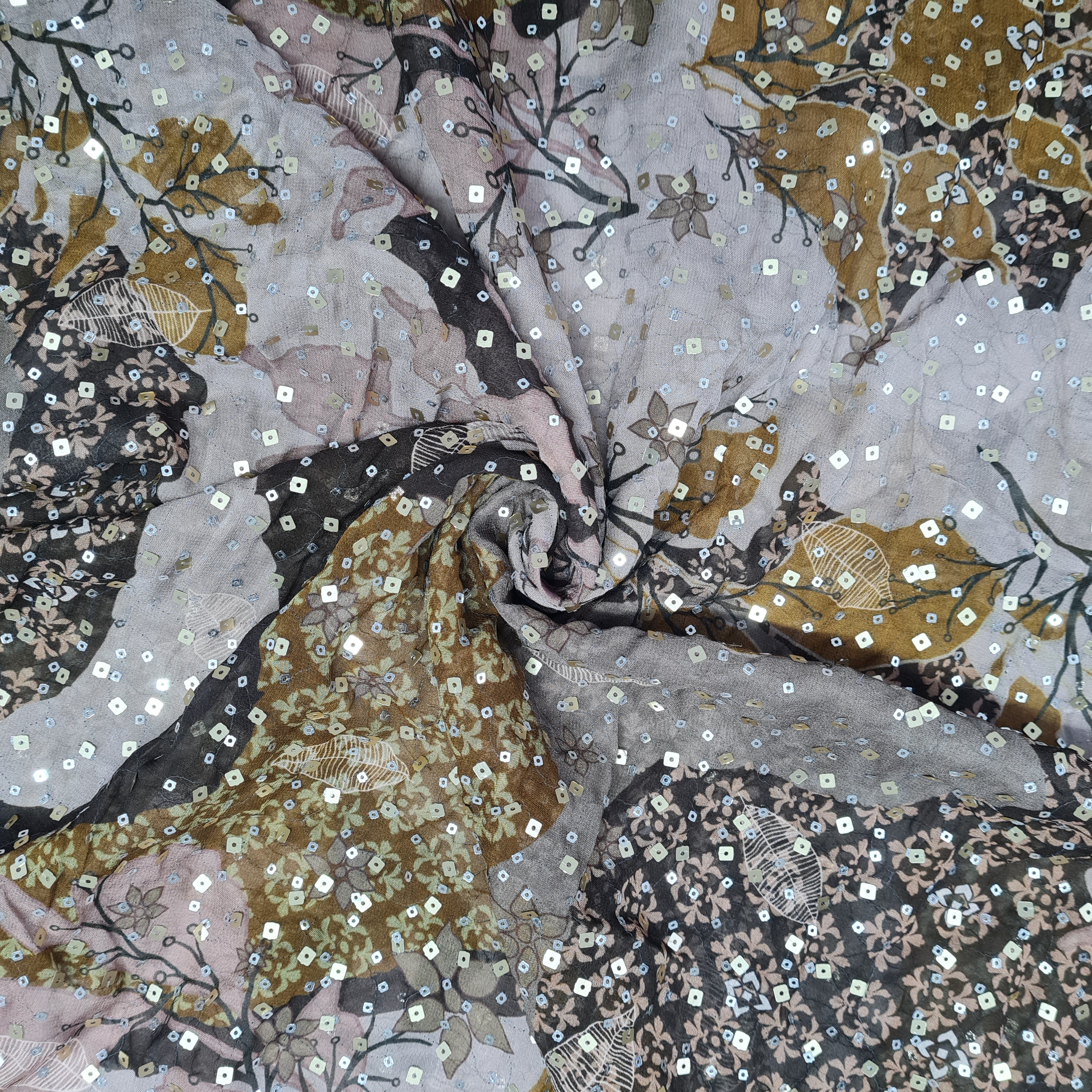 Brown Floral Digital Print & Sequence Georgette Fabric - TradeUNO