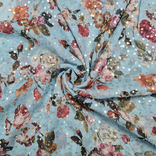 Sky Blue With Peach Pink Floral Digital Print & Sequence Georgette Fabric