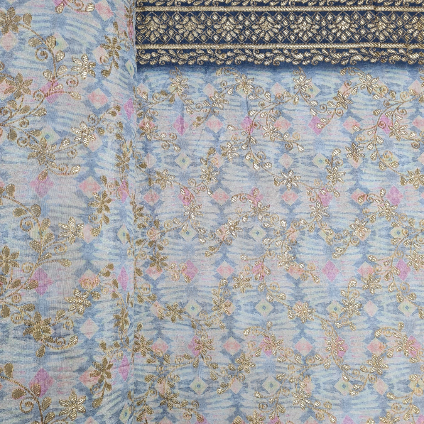 Blue Geomaterical Print Gold Zari Dola Silk Jacquard Fabric - TradeUNO