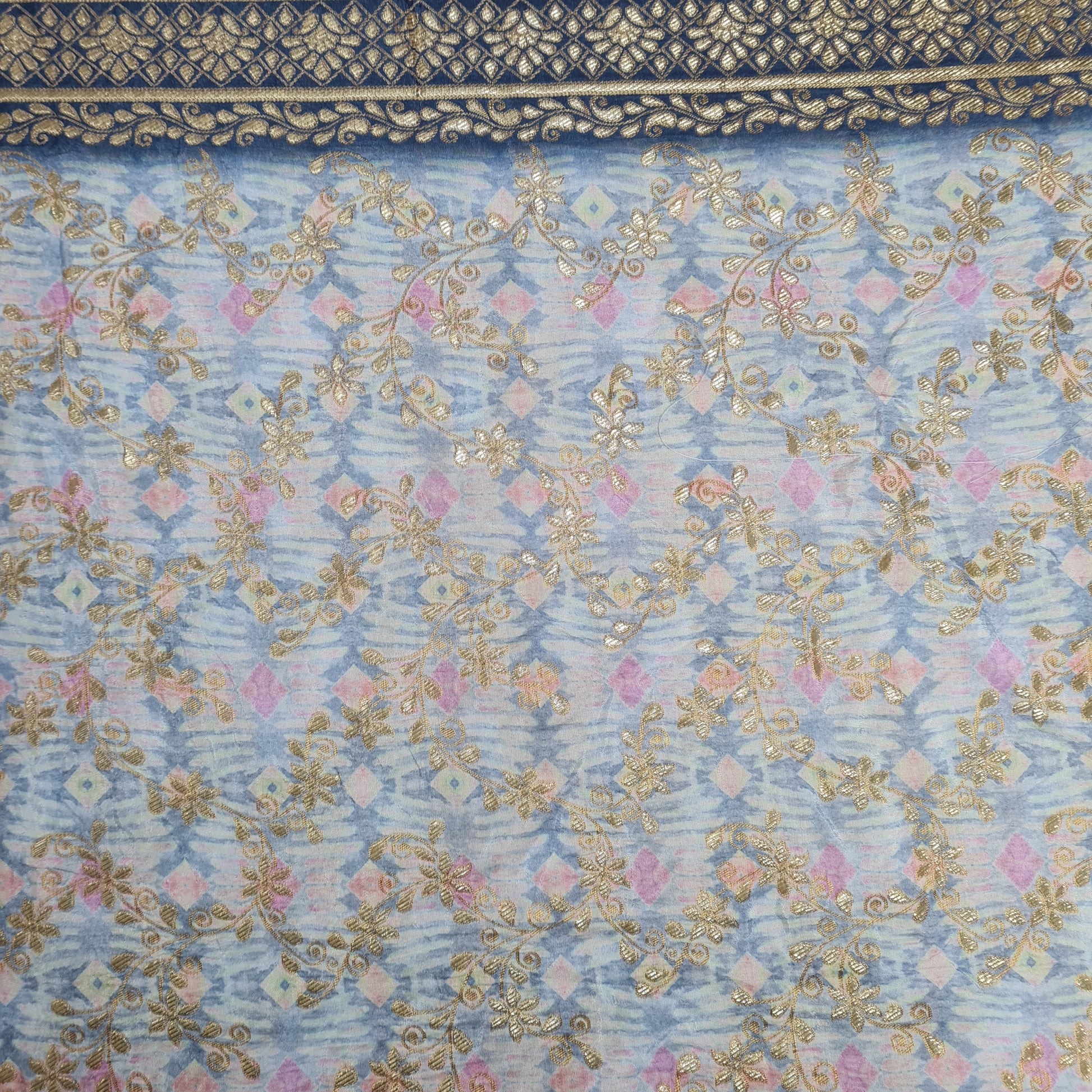 Blue Geomaterical Print Gold Zari Dola Silk Jacquard Fabric - TradeUNO