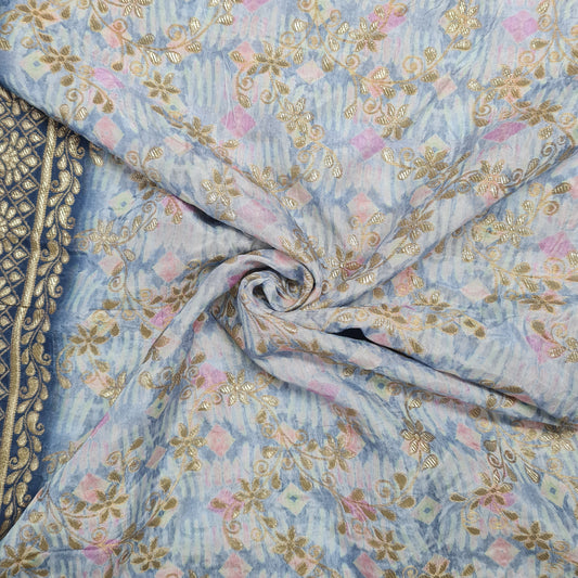 Blue Geometerical Print Gold Zari Dola Silk Jacquard Fabric