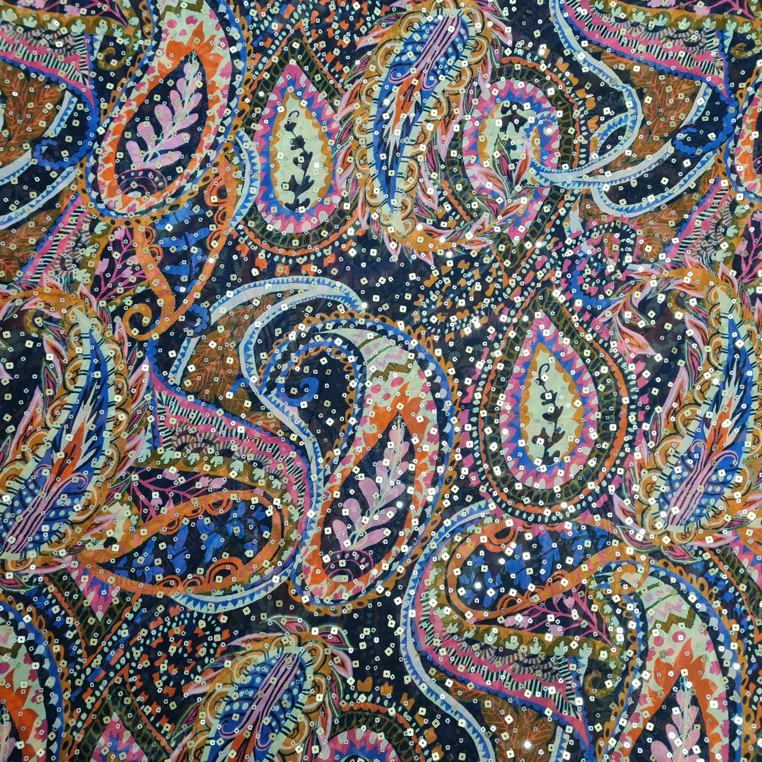 Multicolor Paisley Digital Print Sequence Georgette Fabric - TradeUNO