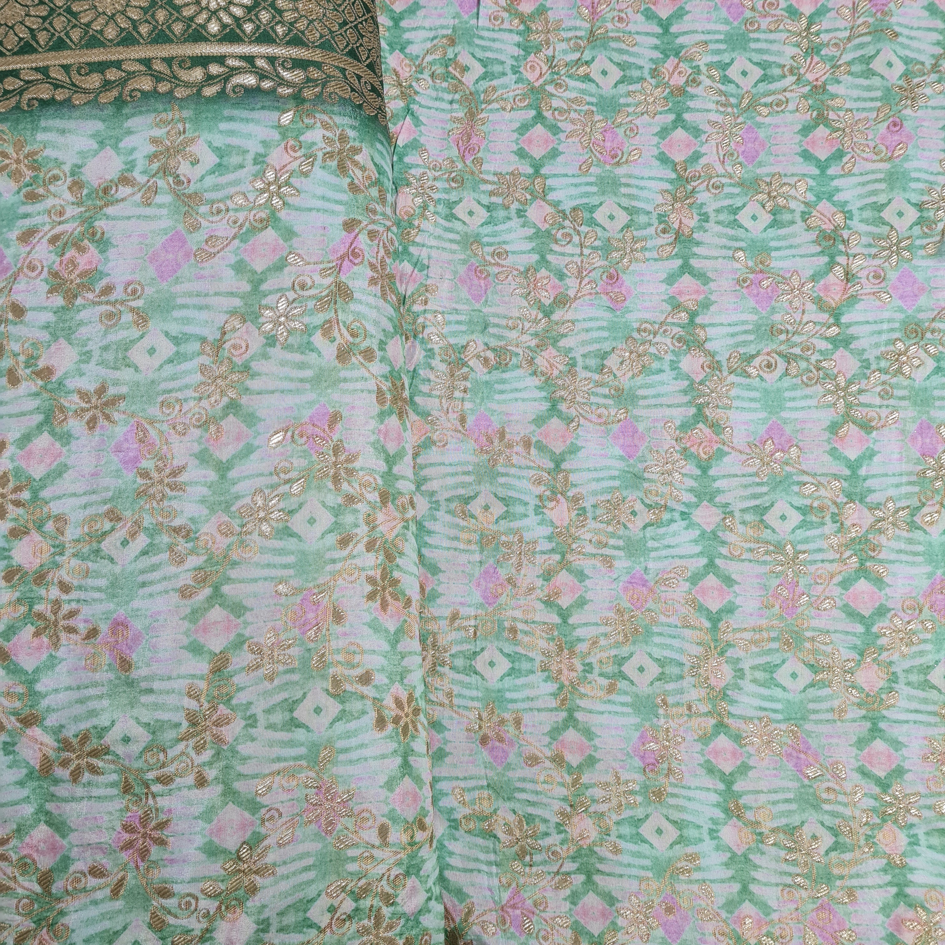 Green Geometrical Print Gold Zari Dola Silk Jacquard - TradeUNO